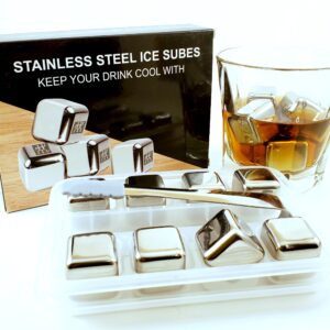 Stainless Steel Pack of 8 Reusable Ice Cubes Chilling Stones with Tongs & Freezer Storage Tray
